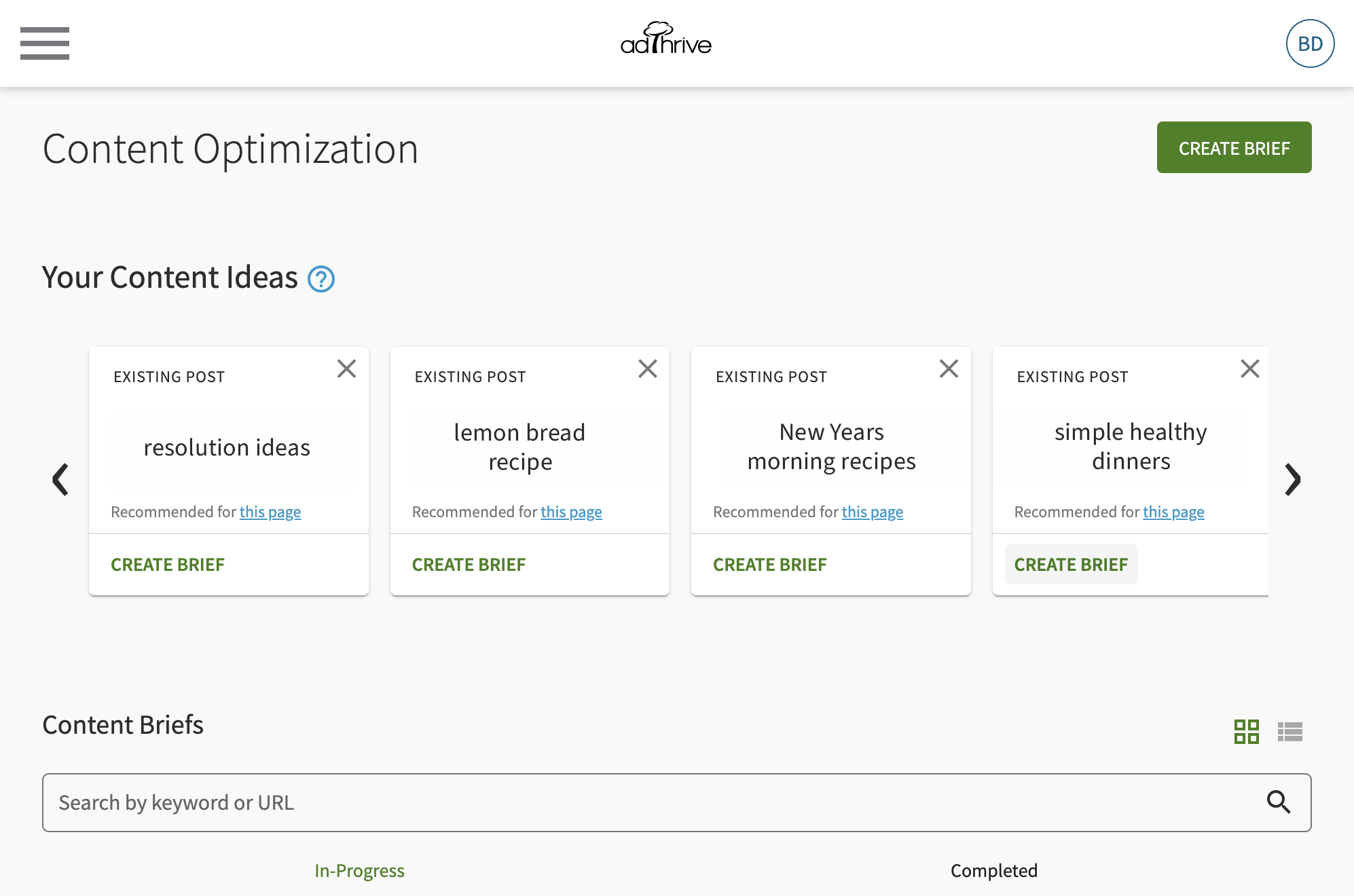 Screenshot of AdThrive dashboard showing Content Ideas