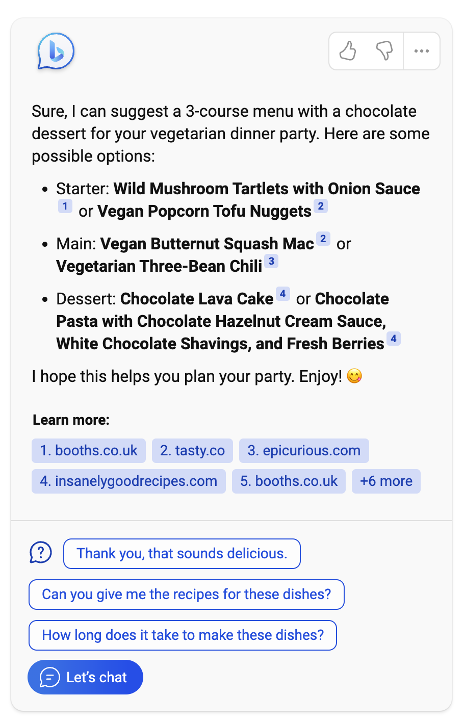 Screenshot of Bing chat search results box